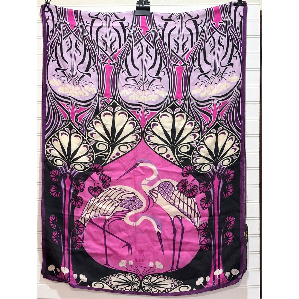Liberty of London Silk Scarf Magenta Crane Bird Art Nouveau Floral OS Excellent